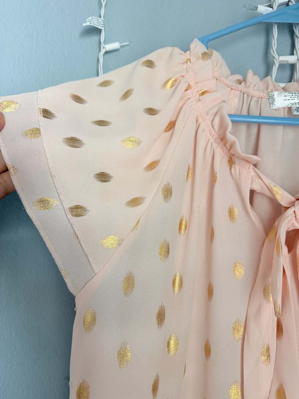 Shannon Ford New York Petite Gold Polka Dot Tie-Neck Blouse, Size PM - Picture 2 of 10